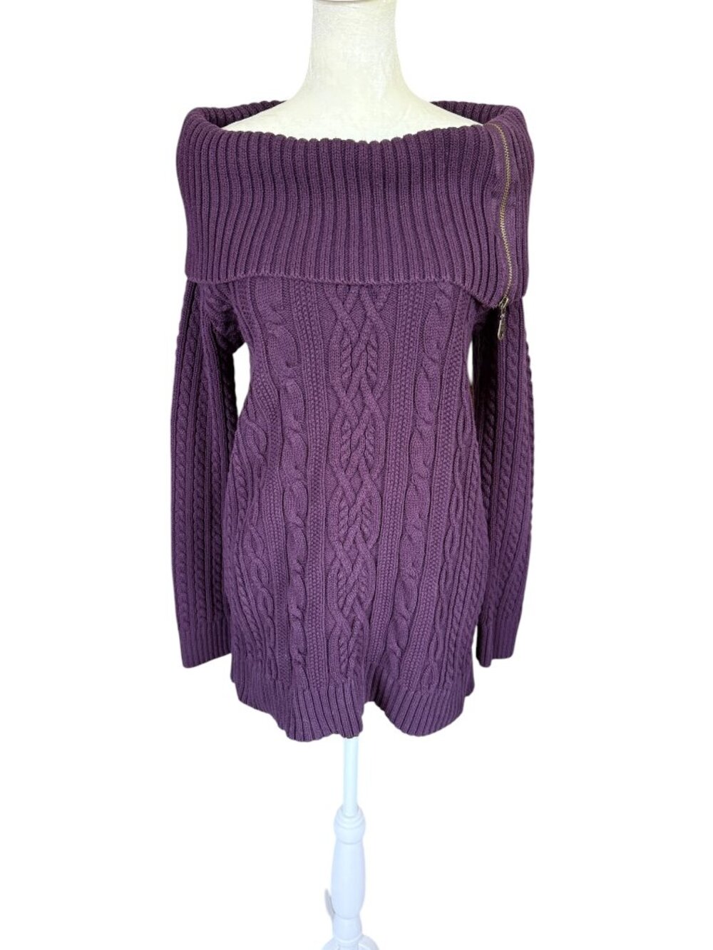 Jeanne Pierre women's cable-knit sweater plum zip collar long sleeve stretchy M